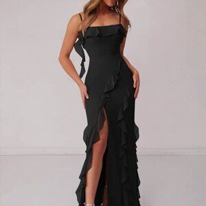 Barbie x Azazie Black Ruffle Slit Maxi Dress A4